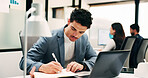 Business, man and notebook with laptop in office for research, inquiry and insurance for finance. Person, pc and coworking with notes for financial claims, coverage and information on policy reminder