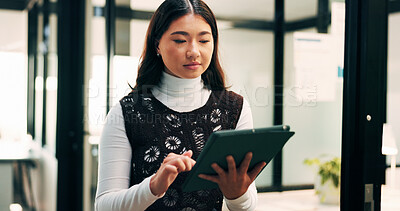 Buy stock photo Business, woman and reading with tablet in office for research, inquiry and policy for accounting. Person, review and digital in workplace for financial claims, coverage and information for insurance