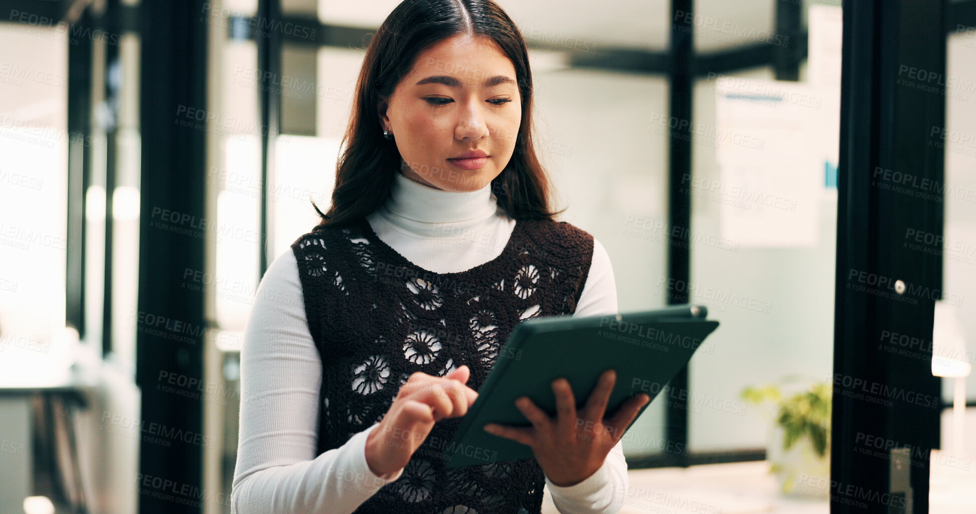 Buy stock photo Business, woman and reading with tablet in office for research, inquiry and policy for accounting. Person, review and digital in workplace for financial claims, coverage and information for insurance