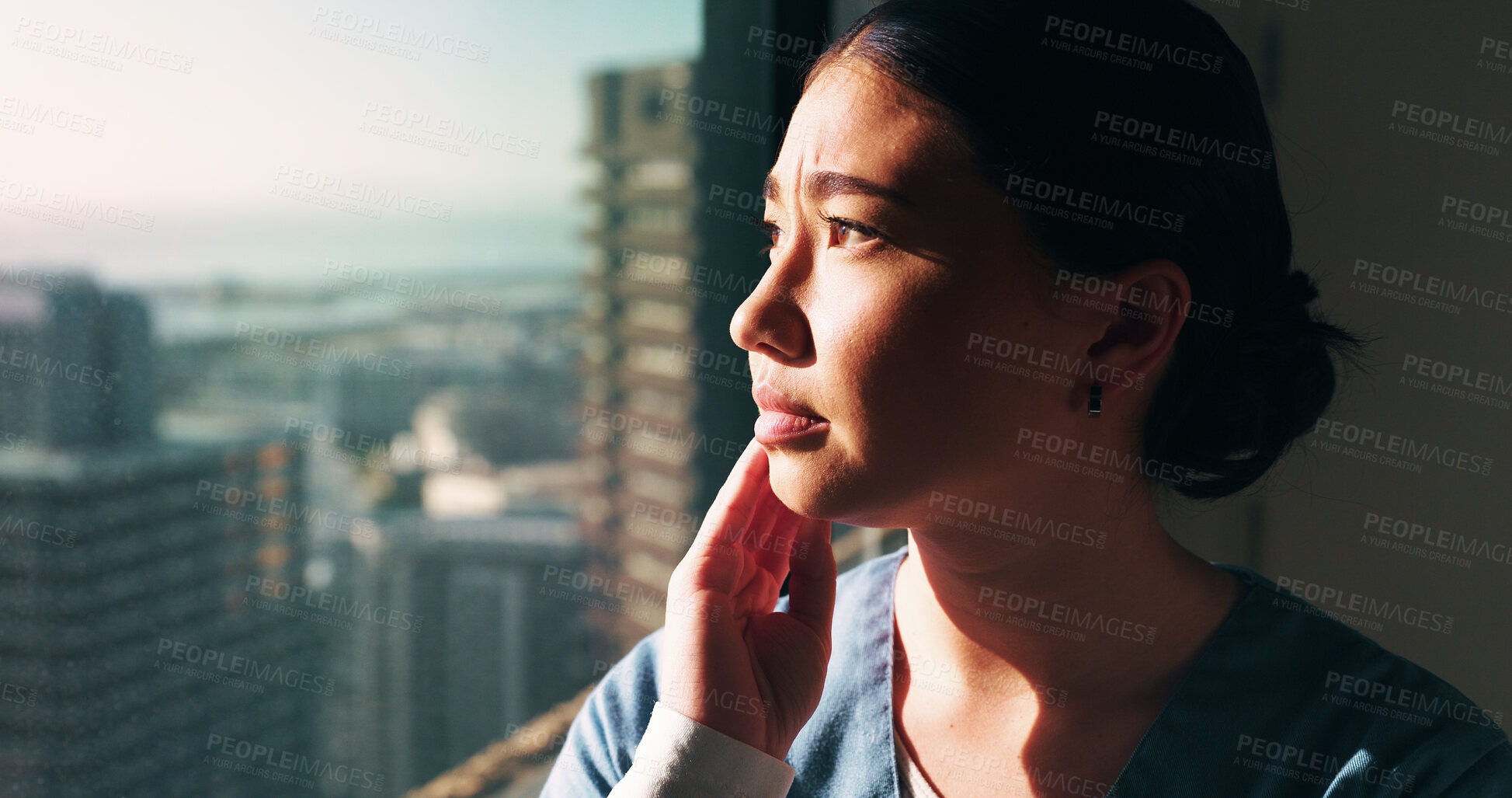 Buy stock photo Nurse, sad and woman with thinking at window for patient loss, process trauma and bad news. Healthcare professional, asian person or unhappy in clinic for medical crisis, hospital grief or reflection