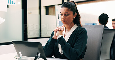 Buy stock photo Woman, reading or thinking in office with laptop, data analysis or forecast for sales performance. Coworking, person and analyst problem solving in business with computer, graphs or stats for revenue