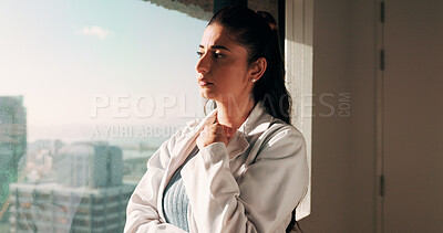 Buy stock photo Doctor, woman or thinking at clinic window for clinical insight, diagnostic challenge or idea. Healthcare, professional or contemplating in hospital for treatment plan, medical decision or reflection