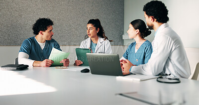 Buy stock photo Tablet, workshop and discussion with doctors in office for talking, surgery schedule and research. Medical, planning and advice with people in hospital for treatment feedback and diagnosis report