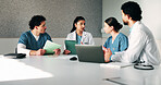 Medical, manager or team in hospital with tech, results discussion or patient review in treatment plan. Healthcare, people or doctors with meeting, director insight or feedback in post surgery.