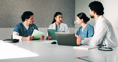 Buy stock photo Medical, manager or team in hospital with tech, results discussion or patient review in treatment plan. Healthcare, people or doctors with meeting, director insight or feedback in post surgery.
