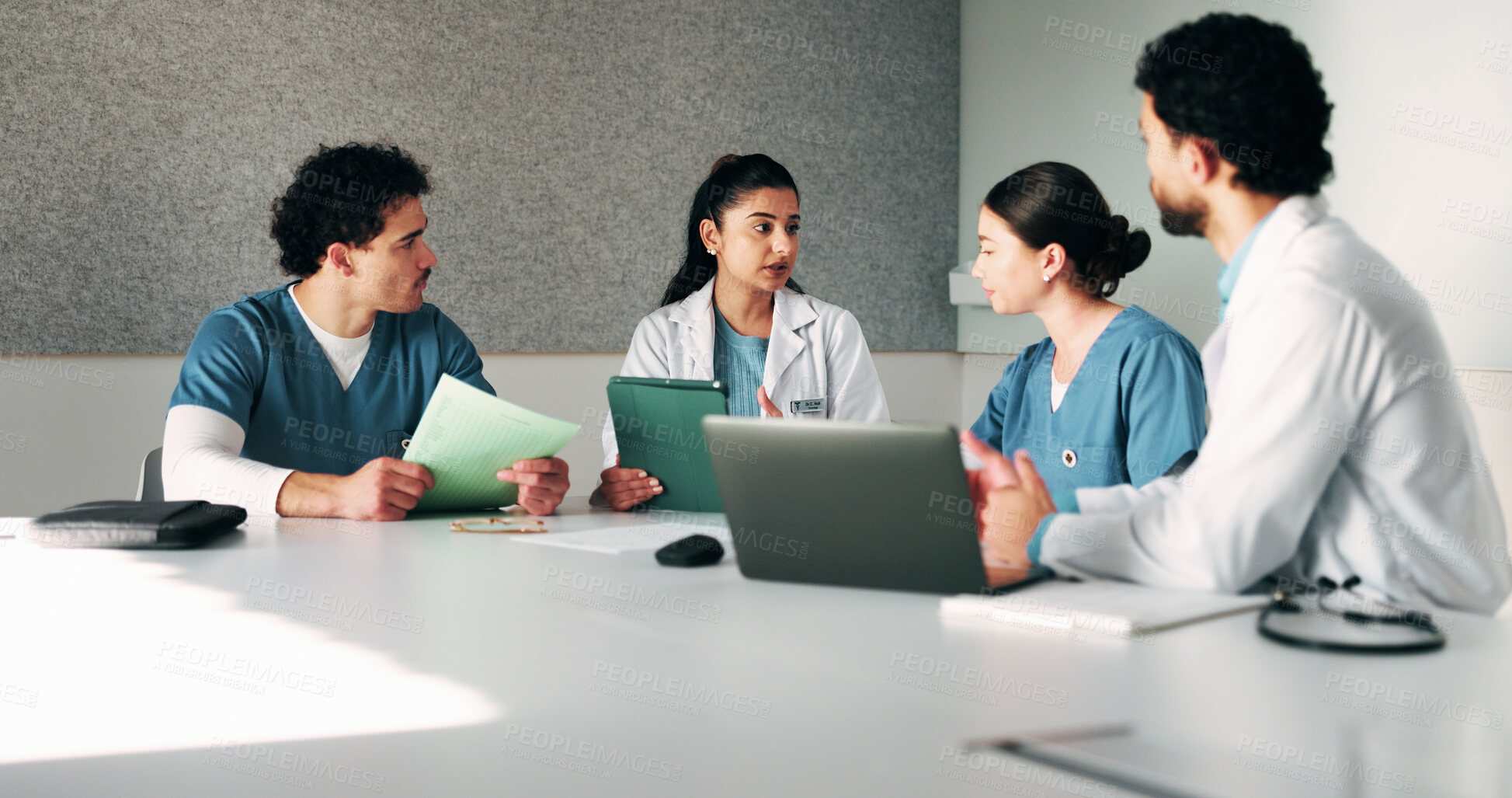 Buy stock photo Medical, manager or team in hospital with tech, results discussion or patient review in treatment plan. Healthcare, people or doctors with meeting, director insight or feedback in post surgery.