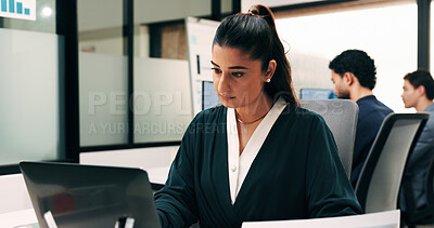Buy stock photo Business, woman and review with laptop in office for research, inquiry and insurance for finance. Reading, employee and coworking with pc for financial claims, coverage and information for protection
