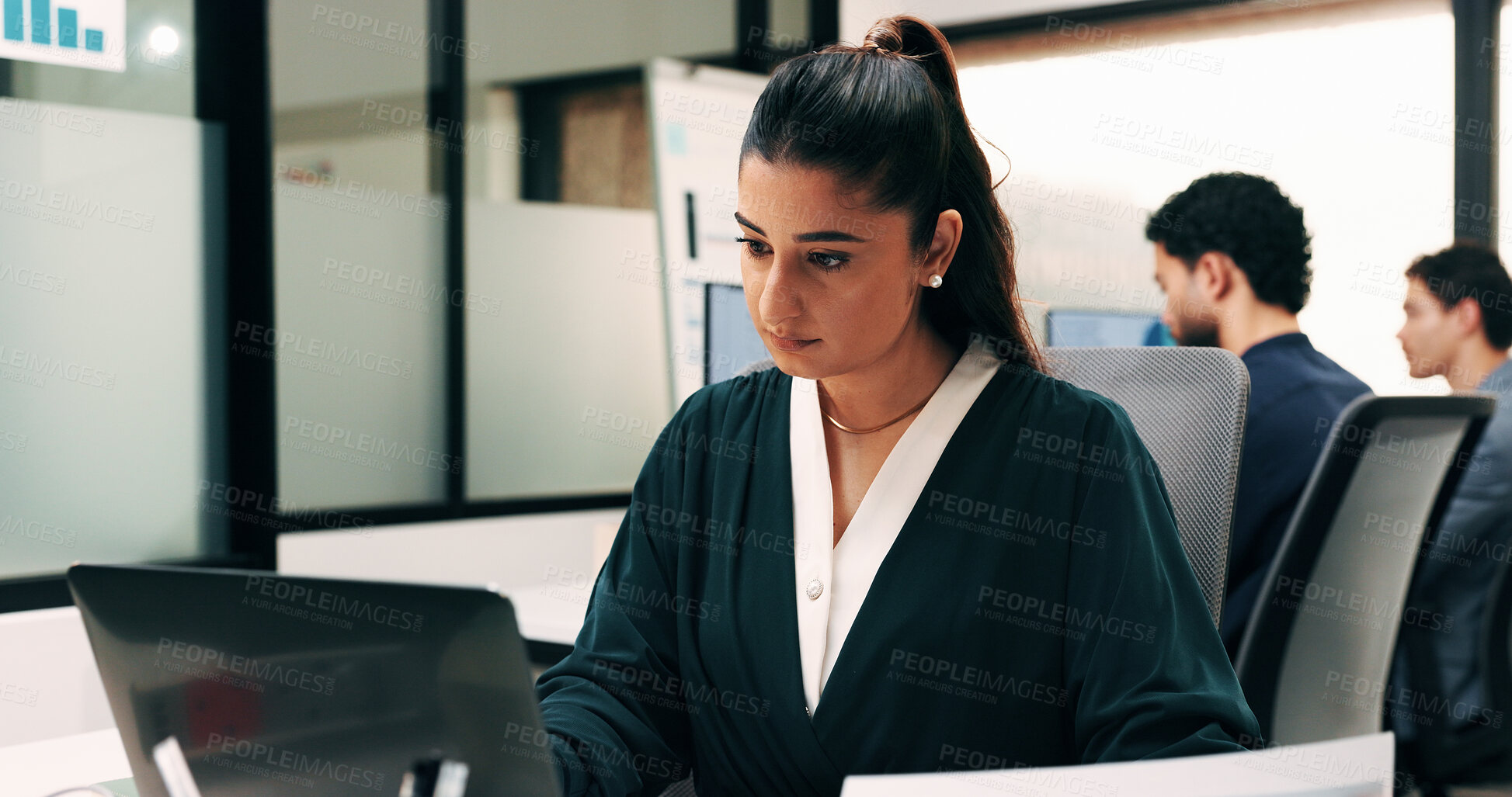 Buy stock photo Business, woman and review with laptop in office for research, inquiry and insurance for finance. Reading, employee and coworking with pc for financial claims, coverage and information for protection