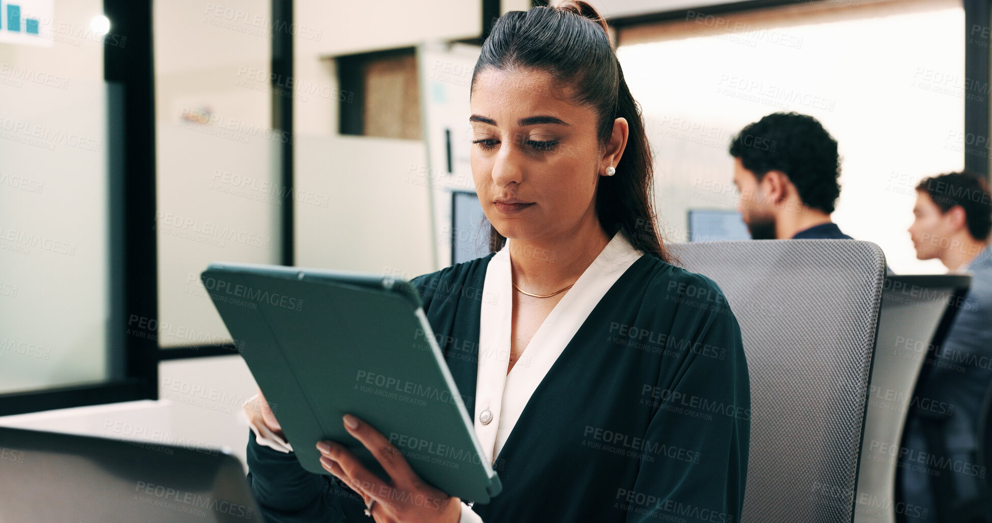 Buy stock photo Woman, tablet and review in office for legal research, business and communication with planning. Lawyer, digital tech and consultant in law firm for case study, agenda or article report for info