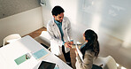 Doctor, investor and handshake of people in office for greeting, deal agreement or congratulations. Man, woman and gesture in hospital from above for onboarding, capital fund and healthcare donor