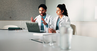 Buy stock photo Doctors, team and laptop with discussion at hospital in boardroom, review and planning for healthcare. People, medical professional and insight with computer, feedback or services at wellness clinic