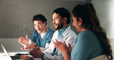 Buy stock photo Laptop, clapping and doctors with nurse in hospital with meeting for good news on treatment. People, computer and team of healthcare workers with applause for medical support in clinic boardroom.