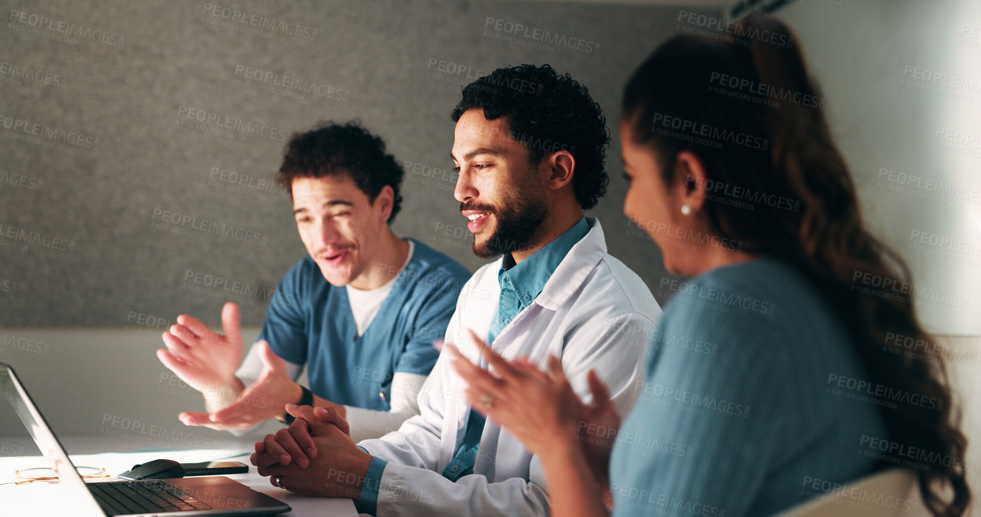 Buy stock photo Laptop, clapping and doctors with nurse in hospital with meeting for good news on treatment. People, computer and team of healthcare workers with applause for medical support in clinic boardroom.