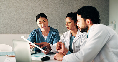 Buy stock photo Hospital, team and doctors in meeting with documents for surgery schedule, treatment plan and advice. Healthcare, clinic and people with patient report for consulting, medical service and discussion