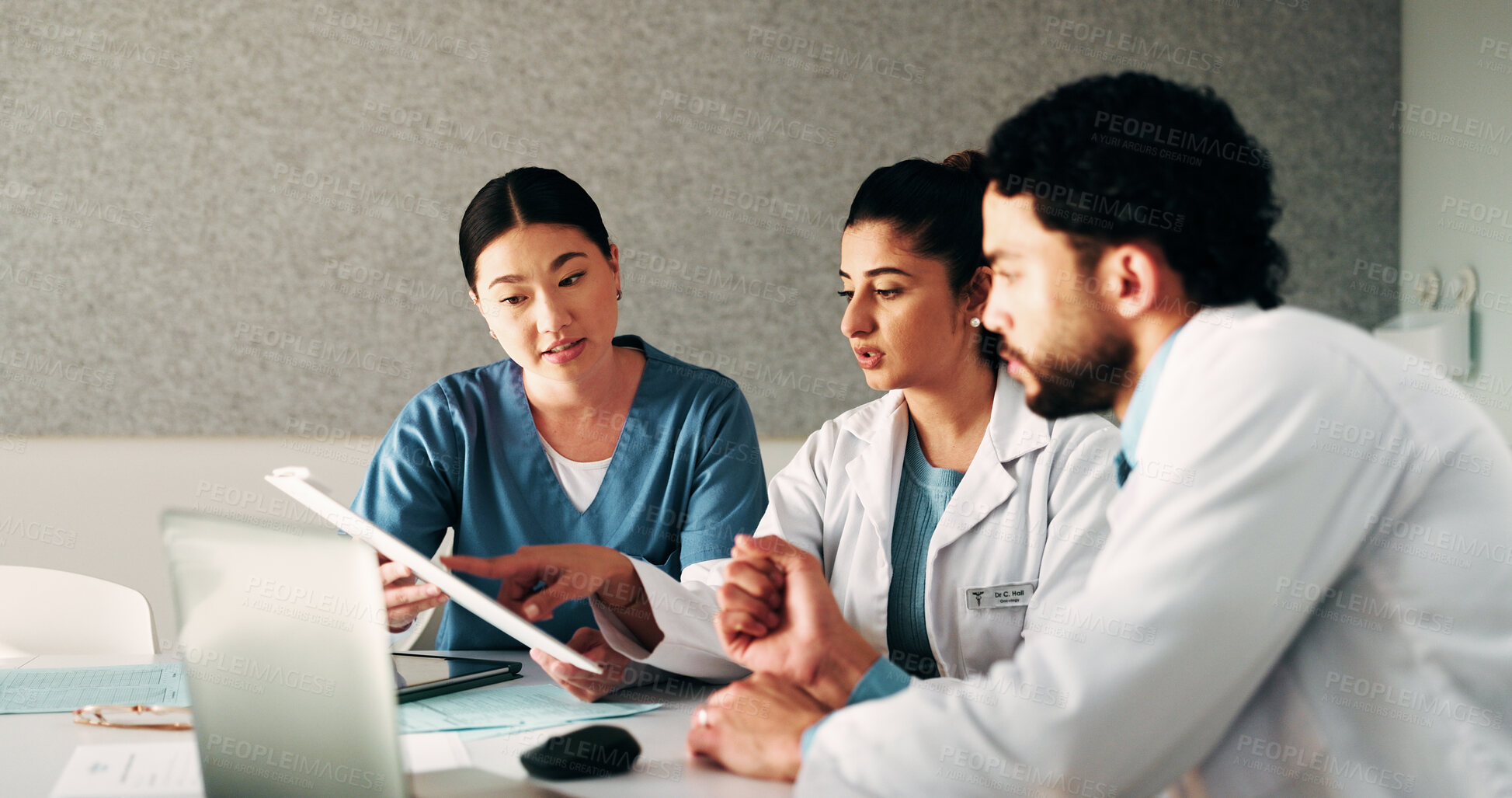 Buy stock photo Hospital, team and doctors in meeting with documents for surgery schedule, treatment plan and advice. Healthcare, clinic and people with patient report for consulting, medical service and discussion