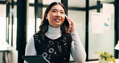Buy stock photo Business, woman and feedback in office with phone call, sales performance or tablet for data analysis. Analyst, Asian person and contact in agency with tech, graphs and statistics update for revenue.