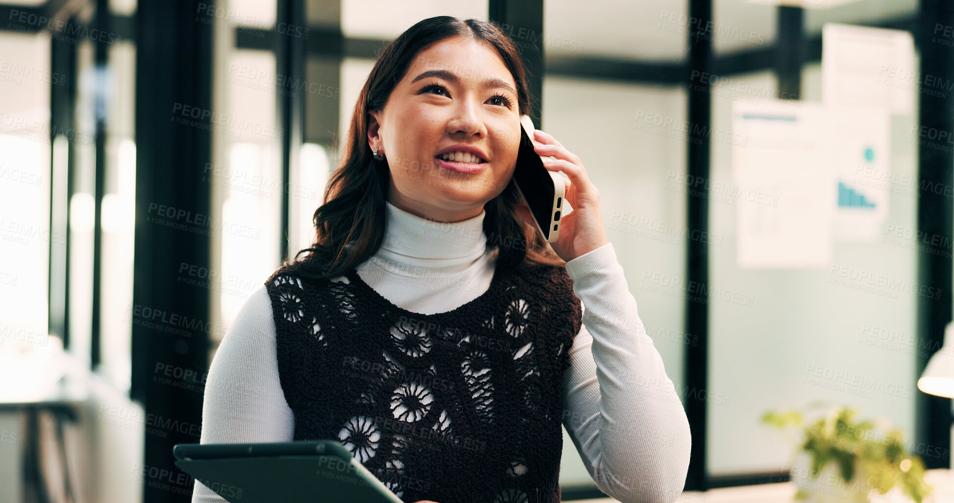 Buy stock photo Business, woman and feedback in office with phone call, sales performance or tablet for data analysis. Analyst, Asian person and contact in agency with tech, graphs and statistics update for revenue.