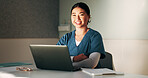 Nurse, arms crossed and woman with laptop in hospital, administration and medical records on website. Healthcare specialist, portrait and happy person with tech for test results, info and research