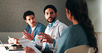 Healthcare, team and talking with patient in hospital, appointment and explaining medical diagnosis. Health, consultation and discussion with woman for test results, checkup and people in clinic