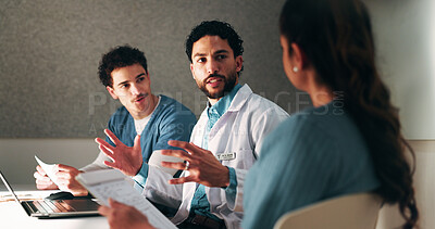 Buy stock photo Healthcare, team and talking with patient in hospital, appointment and explaining medical diagnosis. Health, consultation and discussion with woman for test results, checkup and people in clinic