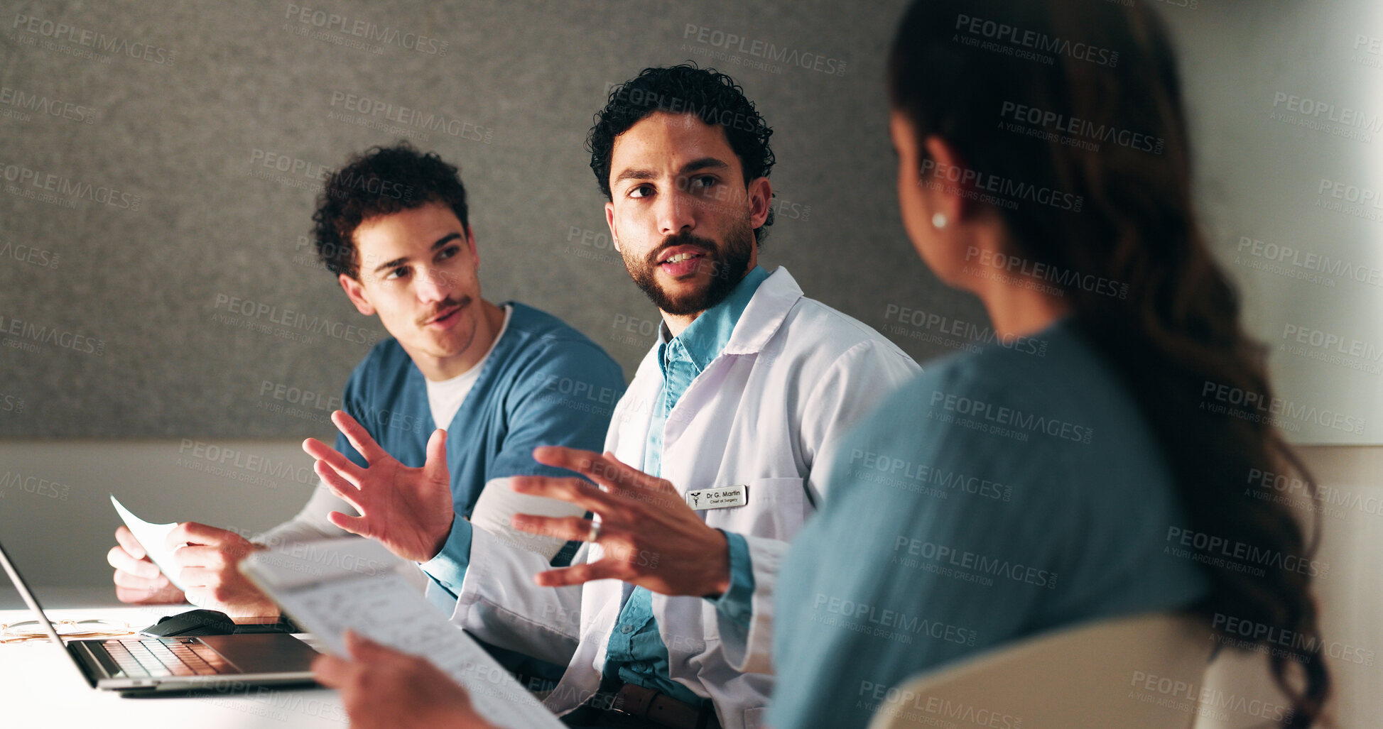 Buy stock photo Healthcare, team and talking with patient in hospital, appointment and explaining medical diagnosis. Health, consultation and discussion with woman for test results, checkup and people in clinic