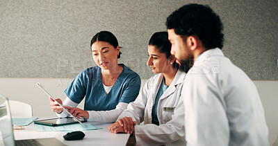 Buy stock photo Doctors, team and clipboard with meeting at clinic in boardroom, pointing and planning for healthcare. People, medical professional and insight with tech, feedback or wellness services at hospital