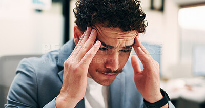 Buy stock photo Headache, stress and man in office with pain, frustration and scalp tension with discomfort. Burnout, pressure or employee with brain fog, workplace exhaustion or migraine issue with dizziness.