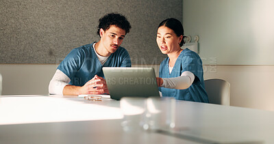 Buy stock photo Nurse, discussion and team with laptop in clinic, administration and reading medical records on web. Healthcare specialist, online and people with tech for test results, info and research in hospital