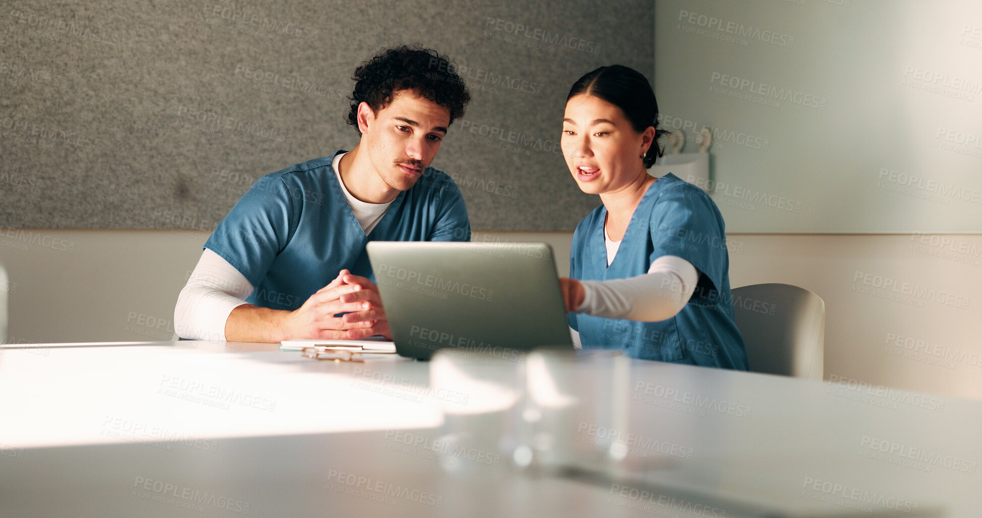 Buy stock photo Nurse, discussion and team with laptop in clinic, administration and reading medical records on web. Healthcare specialist, online and people with tech for test results, info and research in hospital