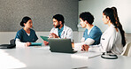 Medical, manager or team in hospital with tablet, meeting discussion or patient review in treatment plan. Healthcare, people or doctors with laptop, director insight or feedback in post surgery.