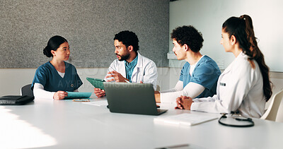 Buy stock photo Medical, manager or team in hospital with tablet, meeting discussion or patient review in treatment plan. Healthcare, people or doctors with laptop, director insight or feedback in post surgery.