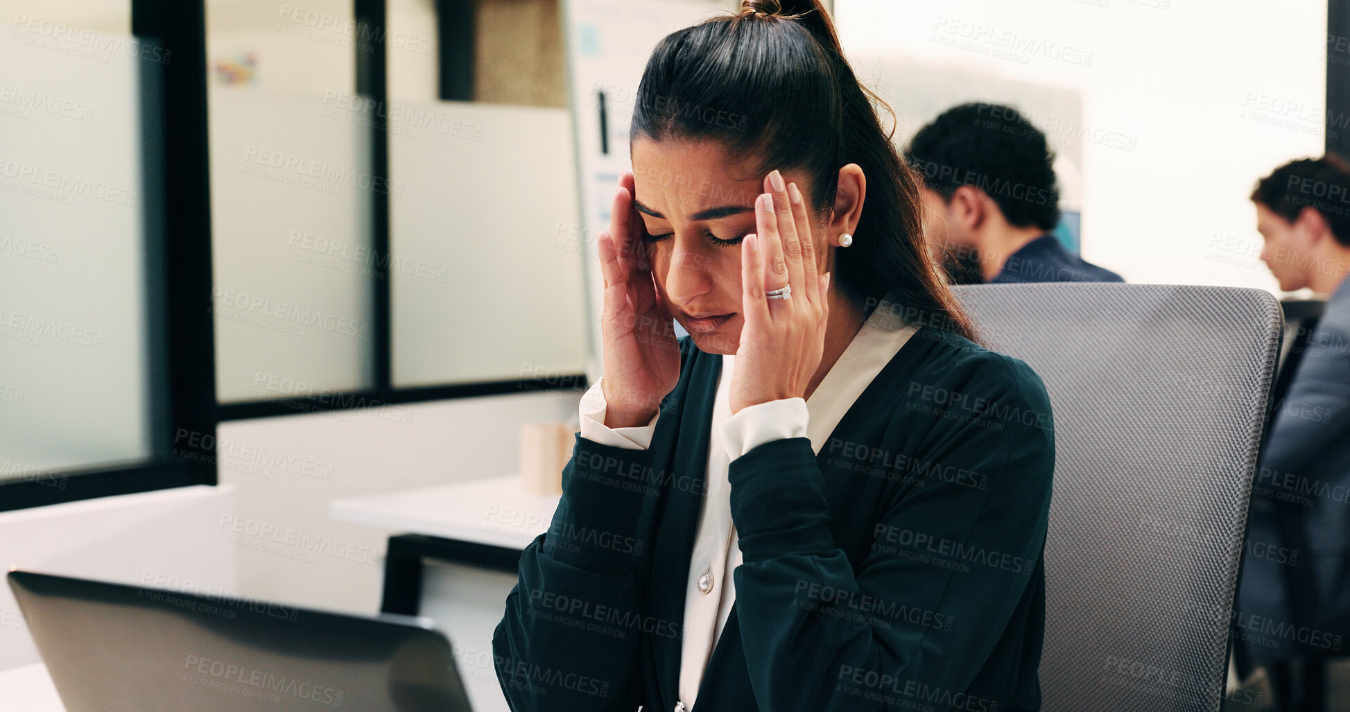 Buy stock photo Headache, stress and woman in office with laptop, frustrated and tension massage with discomfort. Pain, coworking and employee with tech, workplace exhaustion or migraine pressure with dizziness.
