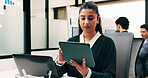 Woman, tablet and report in office for legal research, business and communication. Lawyer, digital tech and consultant in law firm for case study, planning agenda and article review for information