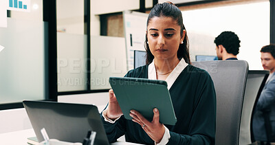 Buy stock photo Woman, tablet and report in office for legal research, business and communication or planning. Lawyer, digital tech and coworking in law firm for case study, agenda and article review for information