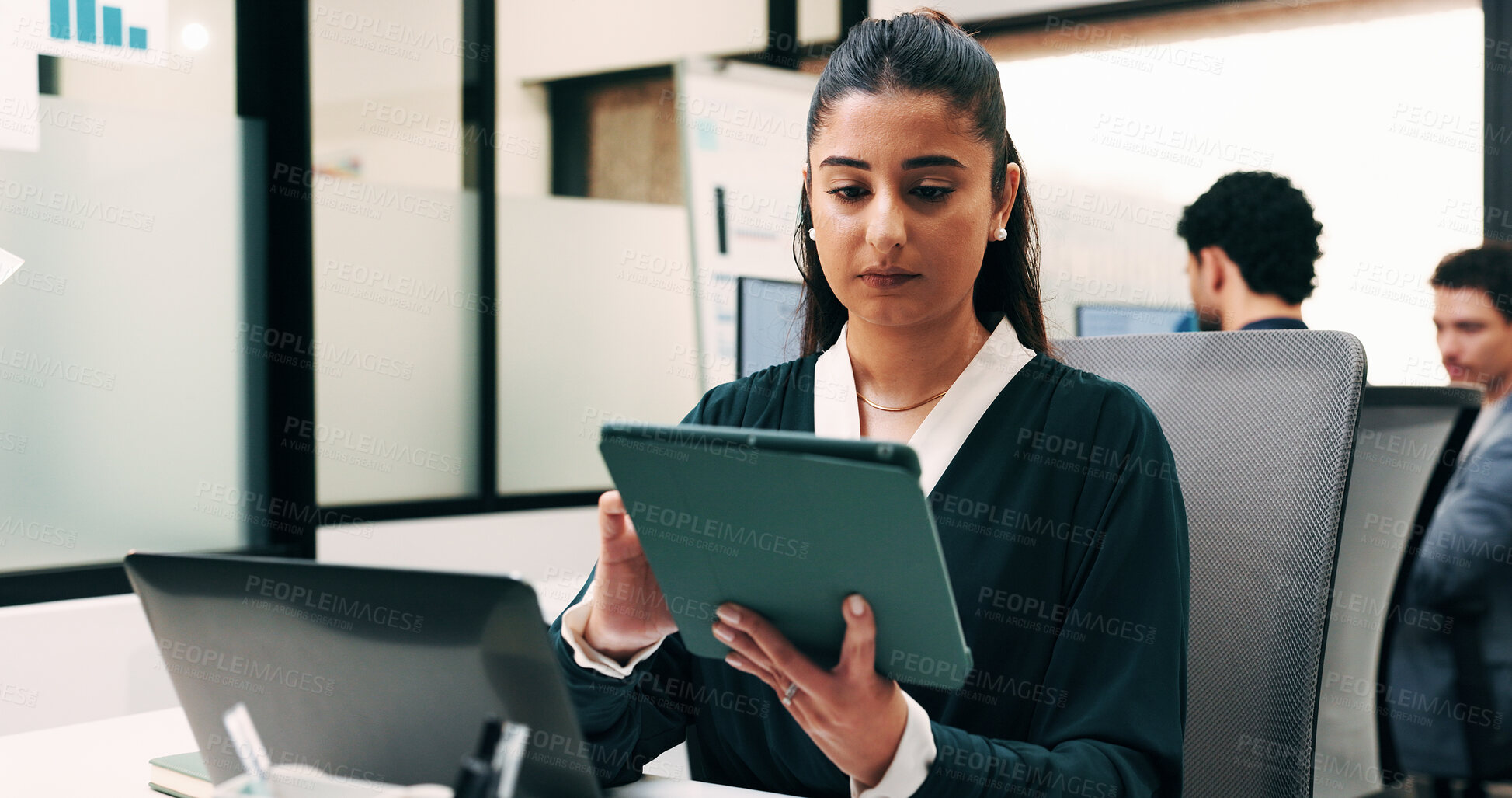 Buy stock photo Woman, tablet and report in office for legal research, business and communication or planning. Lawyer, digital tech and coworking in law firm for case study, agenda and article review for information