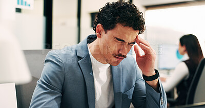 Buy stock photo Headache, pressure and man in office with pain, frustrated and scalp tension with discomfort. Strain, coworking or employee with brain fog, workplace exhaustion or migraine issue with dizziness.