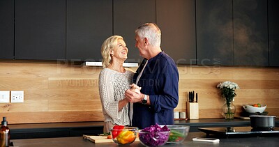 Buy stock photo Dancing, smile and senior couple in kitchen for cooking with bonding, connection or marriage in house. Happy, ingredients and elderly man with woman moving to music with love on home date together.