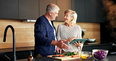 Buy stock photo Tablet, cooking and senior couple in kitchen with online recipe for dinner, food or healthy diet in home. Digital technology, happy and elderly people for meal prep instructions on app in house.