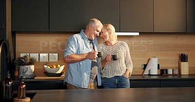 Buy stock photo Old couple, coffee and funny in kitchen with happiness, love and bonding together in retirement. Home, reflection and elderly man and woman with joke, herbal tea or laughing with humor and romance