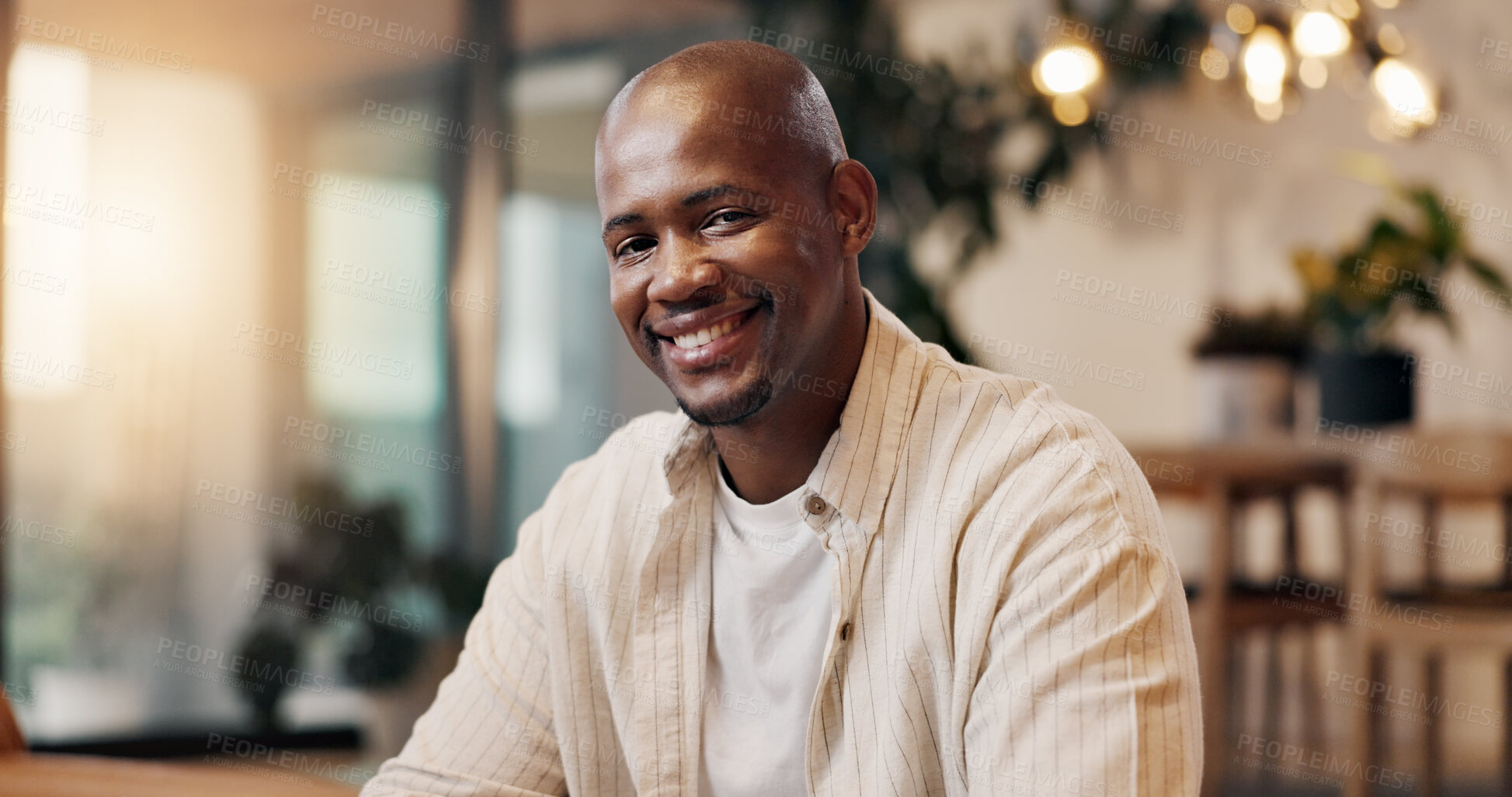 Buy stock photo Wellness, portrait and black man in house with day off, positive attitude or optimism on weekend break. Happy, space or person in home with good mood, confidence and satisfaction in Los Angeles.
