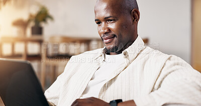 Buy stock photo Man, research and remote work in home with laptop, check email and daily administration for tasks. Freelancer, black person and reading in living room with computer, business communication or website