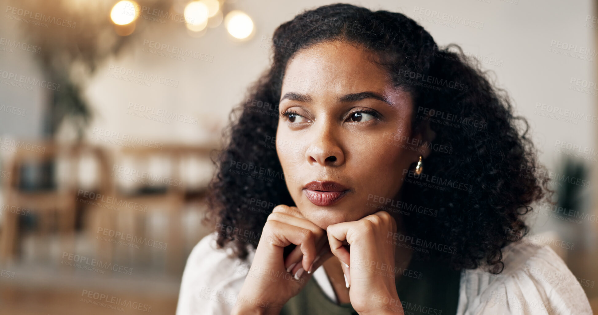 Buy stock photo Woman, thinking and relax in home with daydreaming, peaceful weekend break and remember memories. Bokeh, female person and chill in living room with reflection, contemplating decision and planning.