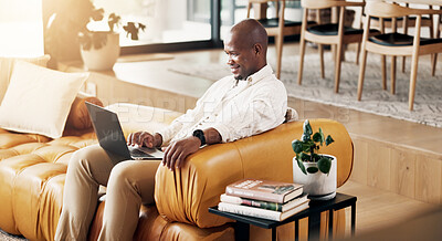 Buy stock photo Freelance, laptop and smile with black man on sofa in home living room for planning or research. Computer, reading and remote work with happy person in apartment for feedback, report or review