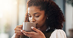 Woman, relax and smell coffee in house with peaceful morning routine, thinking and weekend break. Calm, female person and warm drink in home living room with beverage aroma, reflection and wellness.