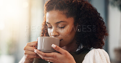 Buy stock photo Woman, relax and smell coffee in house with peaceful morning routine, thinking and weekend break. Calm, female person and warm drink in home living room with beverage aroma, reflection and wellness.