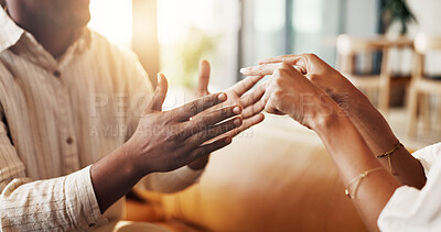 Buy stock photo Frustrated couple, hands and argument with fight in home for conflict, breakup or disagreement. Blame, man and woman with gesture in living room dispute on sofa for toxic relationship or divorce