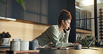 Woman, phone call and remote work with laptop, conversation and communication. Freelancer, employee and working from home with networking, discussion or telemarketing with sales, app and telecom