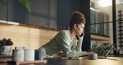 Buy stock photo Woman, phone call and remote work with laptop, conversation and communication. Freelancer, employee and working from home with networking, discussion or telemarketing with sales, app and telecom