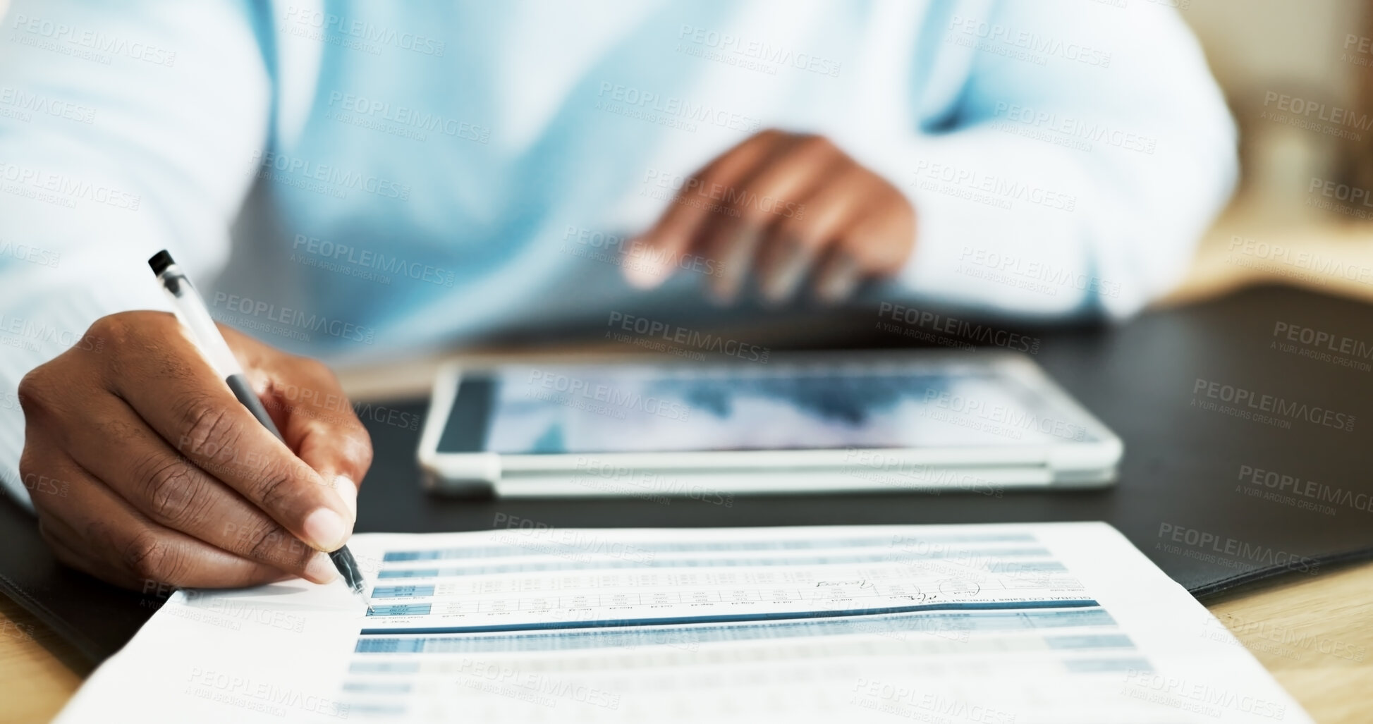 Buy stock photo Person, hands and finance with tablet or documents for financial analytics or review in home. Accountant, checklist or writing with paperwork or graph for statistics, analysis or performance in house