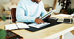 Tablet, paperwork and black man in home for finance review, budget planning and remote work. WFH, accounting and person with documents, tech and research for financial report, proposal and audit